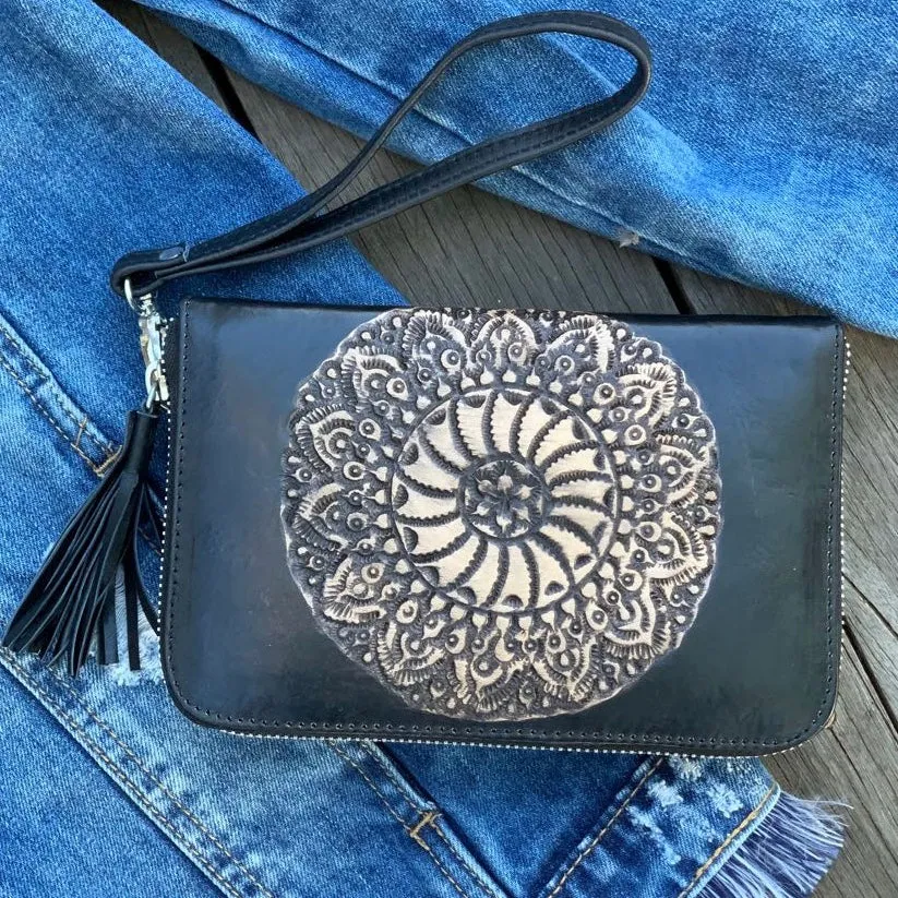 20159 Hand Tooled Boho Mandala Zip Round Wallet- Black