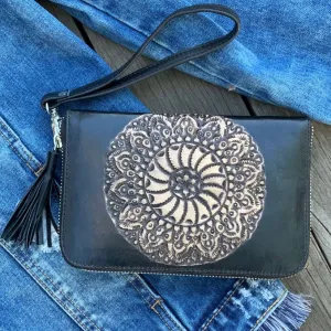 20159 Hand Tooled Boho Mandala Zip Round Wallet- Black