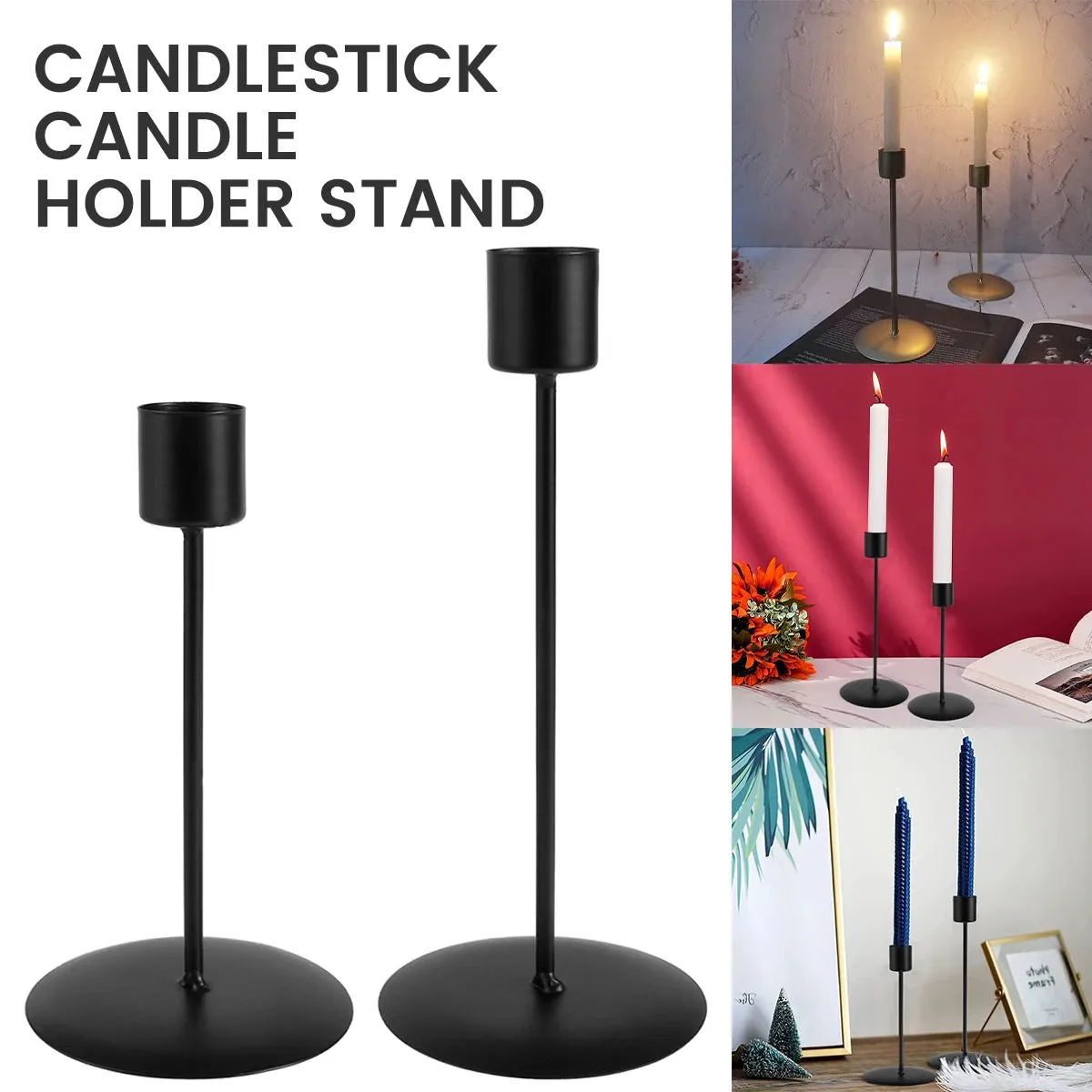 2PC Black Metal Taper Candle Holders