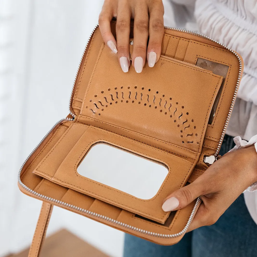 34589 Boho Feather Zip Round Wallet-Tan