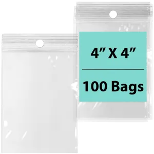 4X4 inches Reclosable Poly Bags with Hang Hole 4 Mil (LDPE) Single Track Zipper