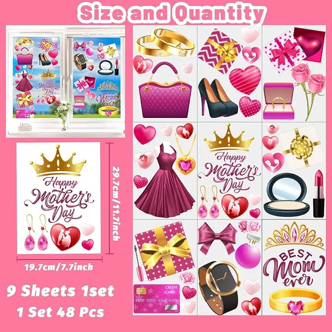 9 Sheet Mother's Day Decorations Window Clings,Pink Happy Mother's Day Window Stickers