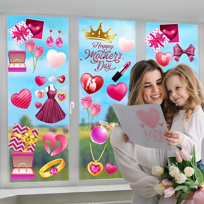 9 Sheet Mother's Day Decorations Window Clings,Pink Happy Mother's Day Window Stickers