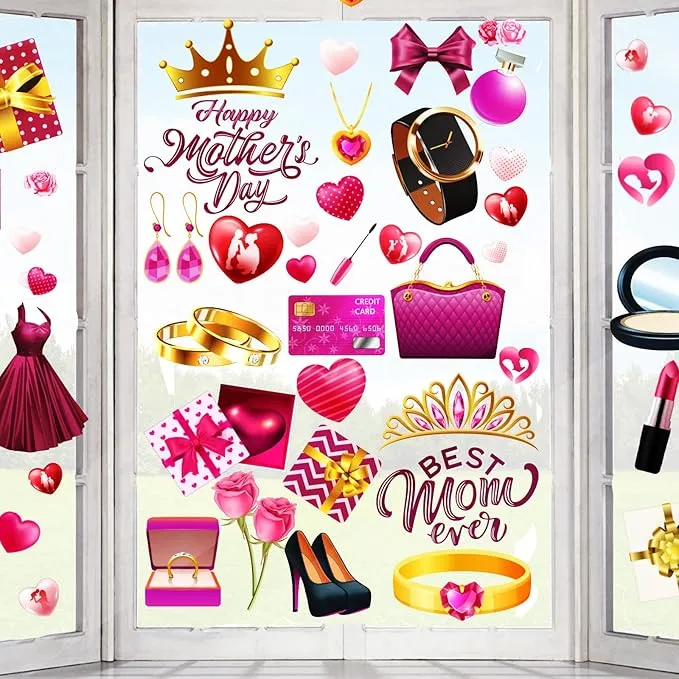9 Sheet Mother's Day Decorations Window Clings,Pink Happy Mother's Day Window Stickers