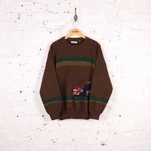 90s Car Patterned Knit Jumper - Brown - L
