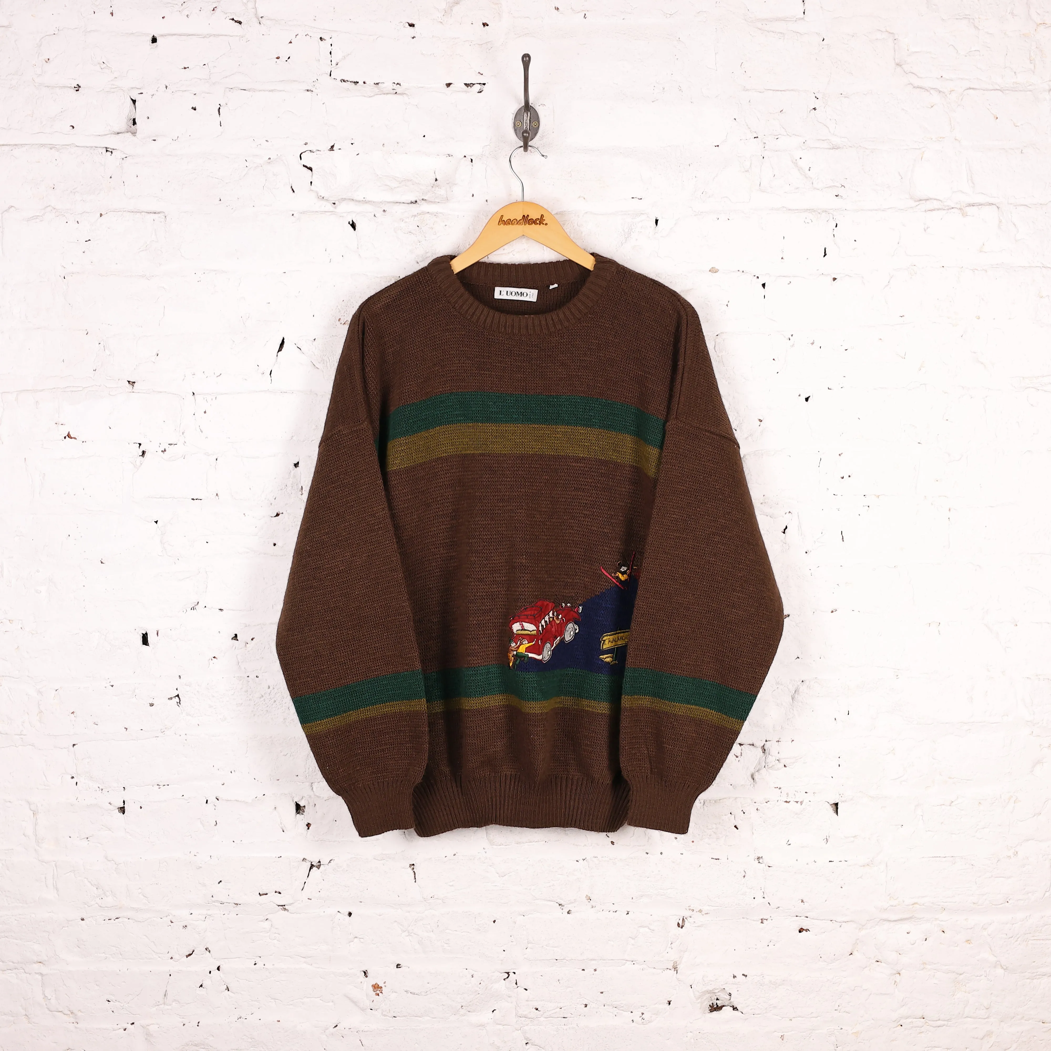 90s Car Patterned Knit Jumper - Brown - L