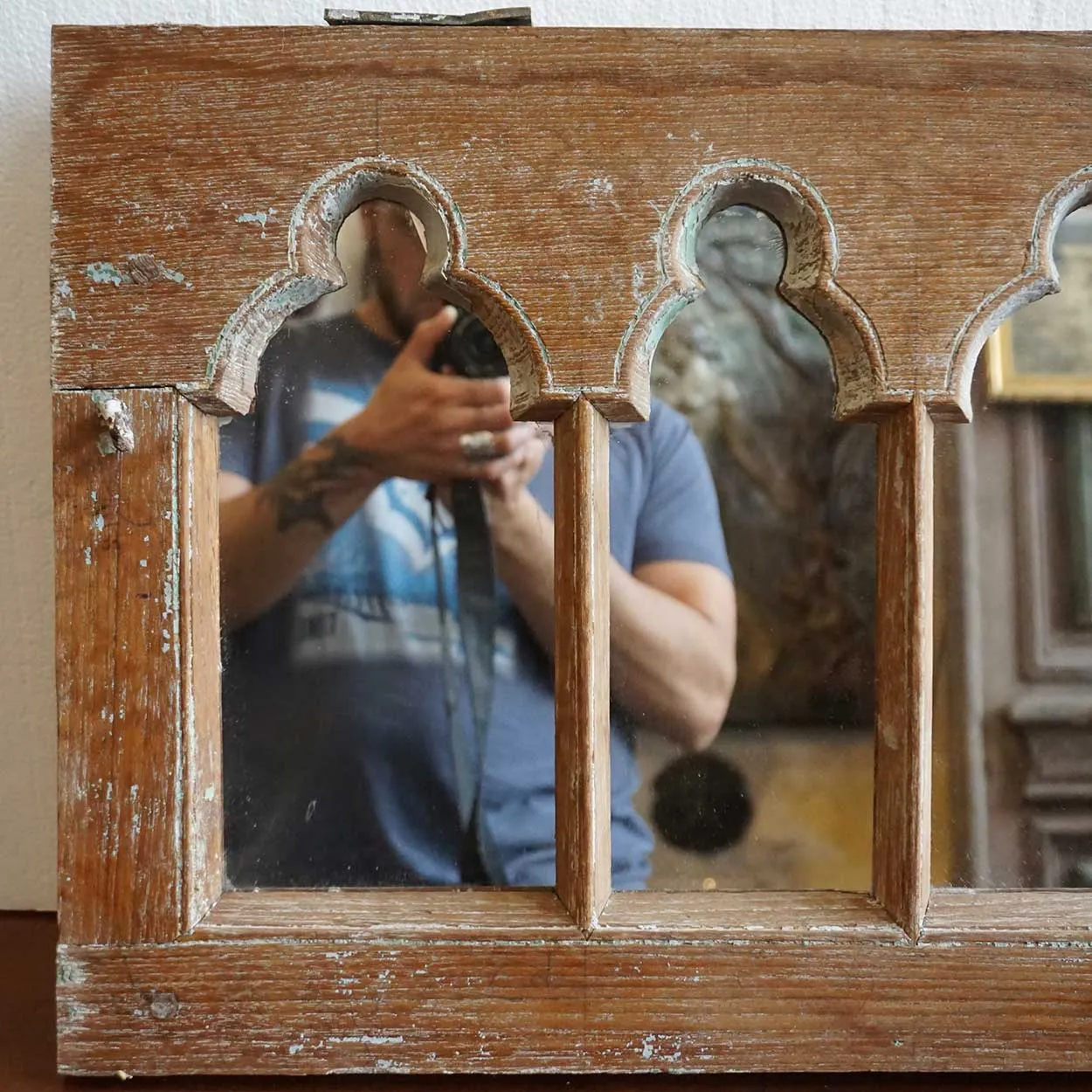 Anglo Indian Gothic Revival Teak Arcade Window Frame Mirror
