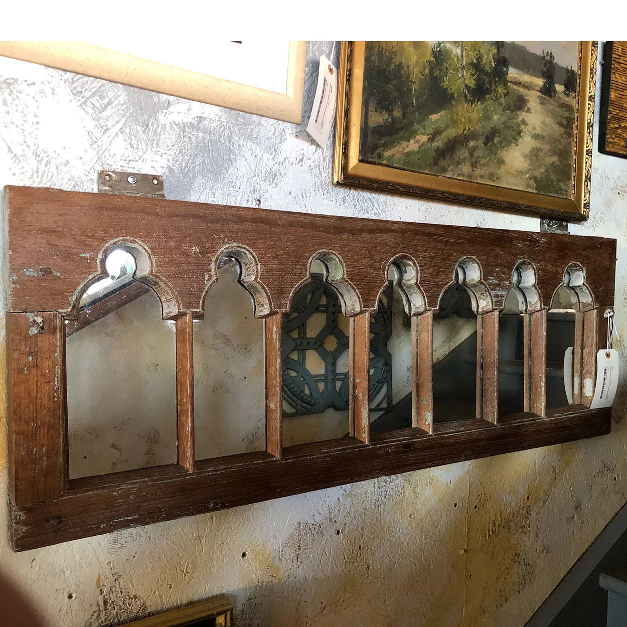 Anglo Indian Gothic Revival Teak Arcade Window Frame Mirror