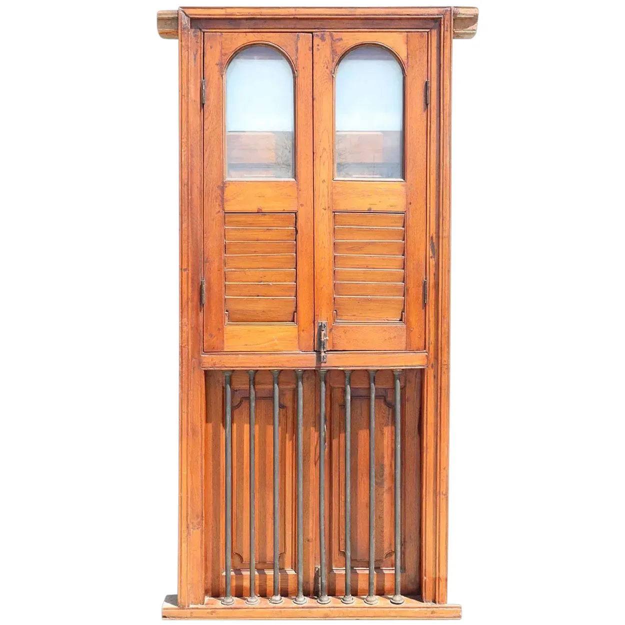 Anglo Indian Teak Louver Window with Frame and Iron Balcony Railing