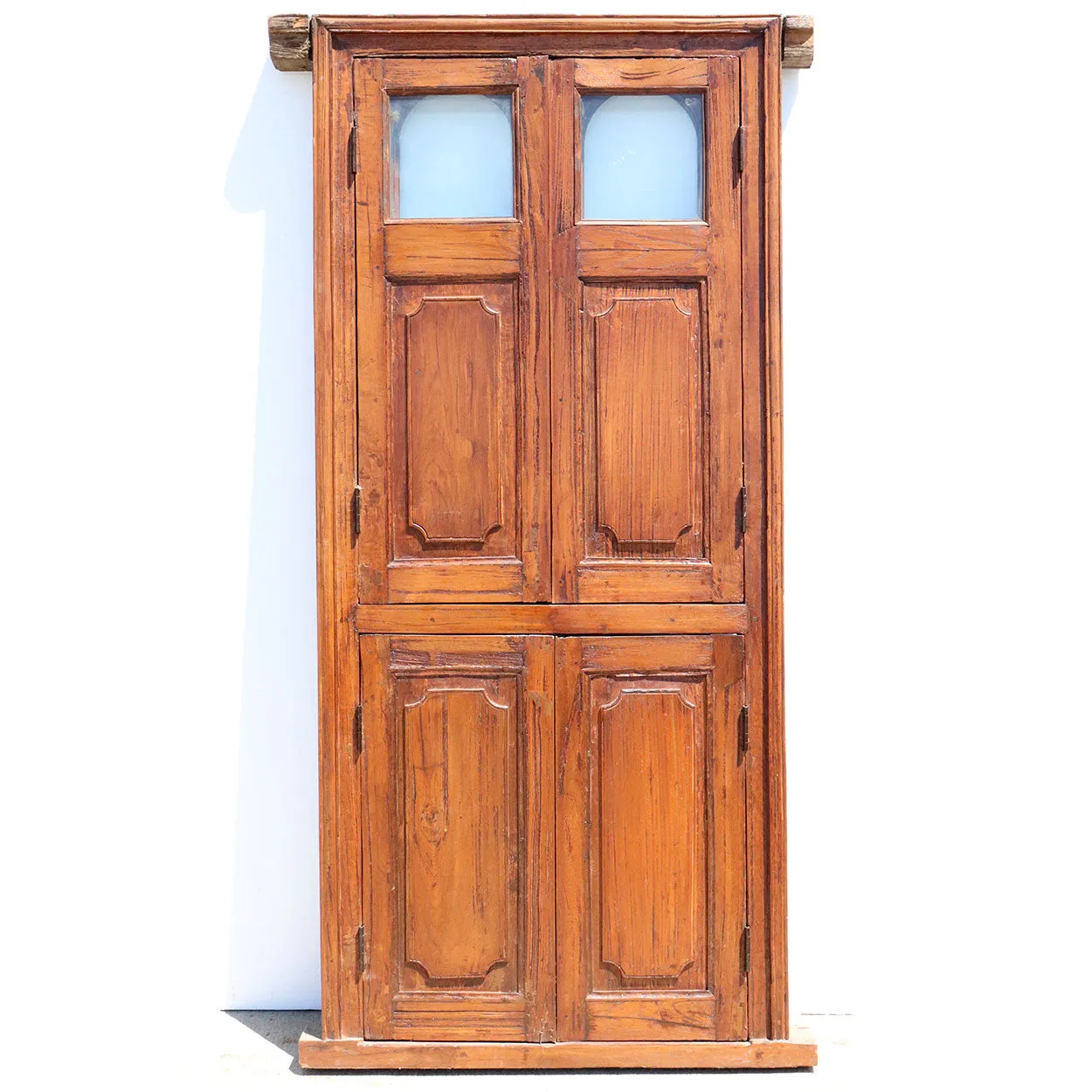 Anglo Indian Teak Louver Window with Frame and Iron Balcony Railing