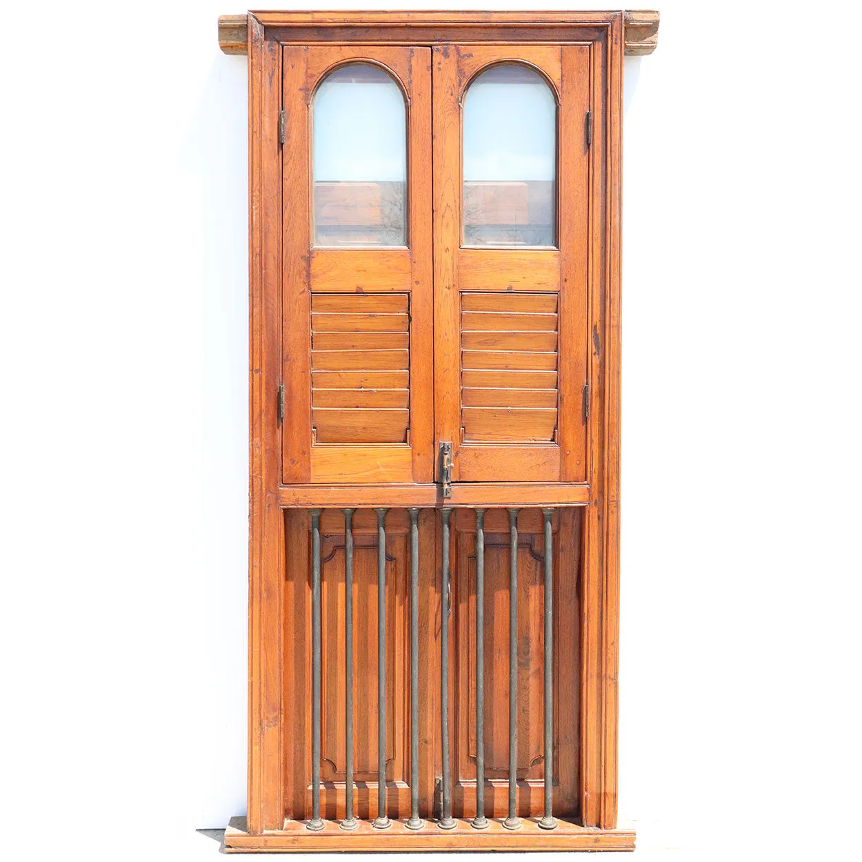 Anglo Indian Teak Louver Window with Frame and Iron Balcony Railing
