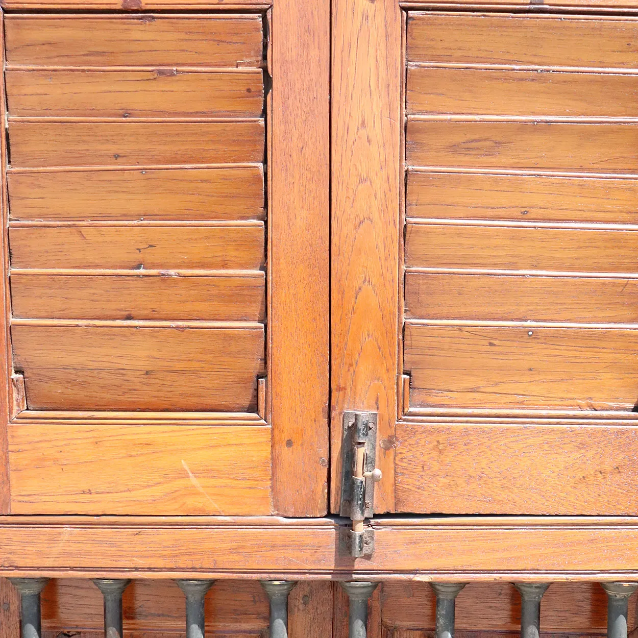 Anglo Indian Teak Louver Window with Frame and Iron Balcony Railing