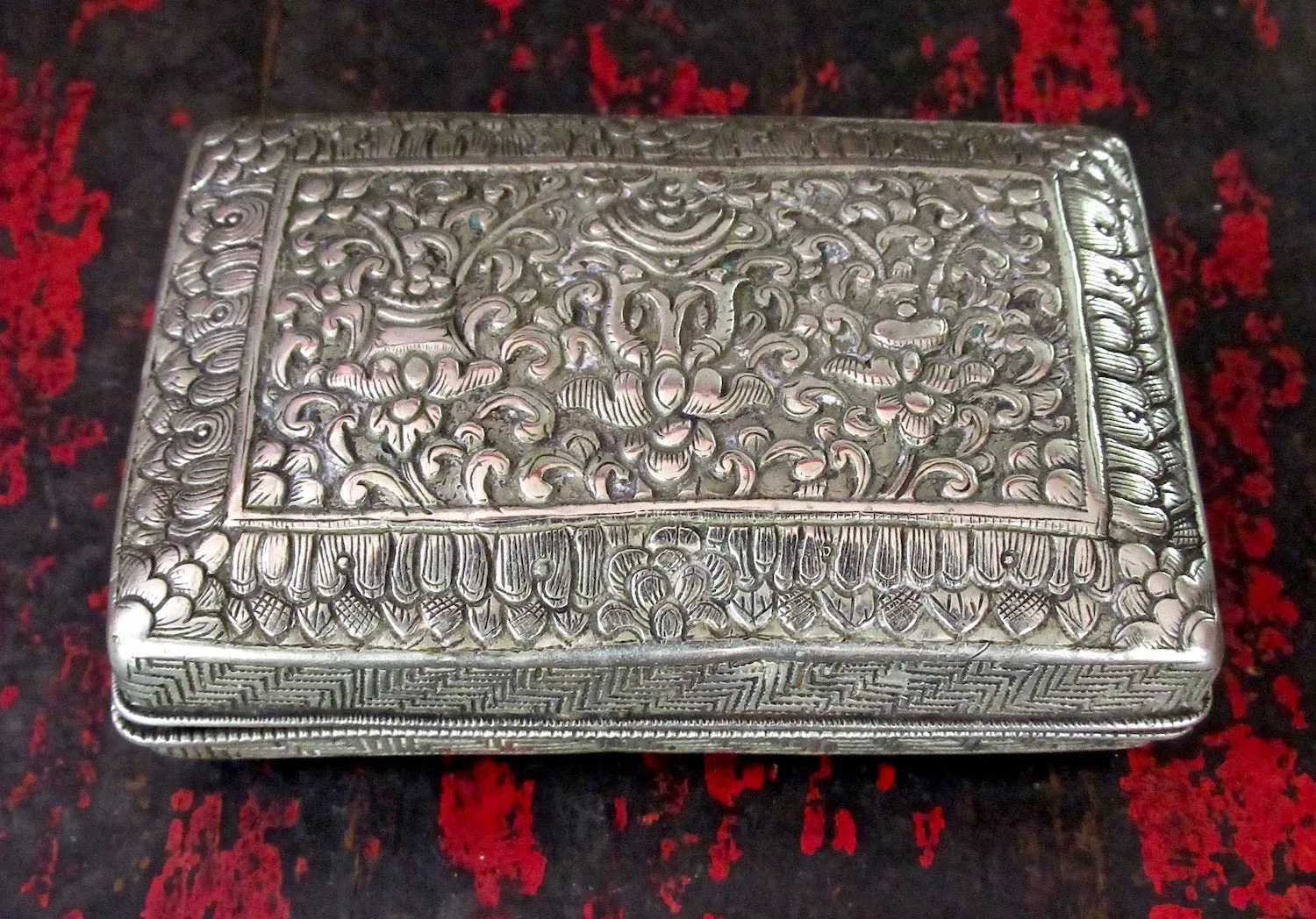 Antique Ornate Silver Box from Bhutan