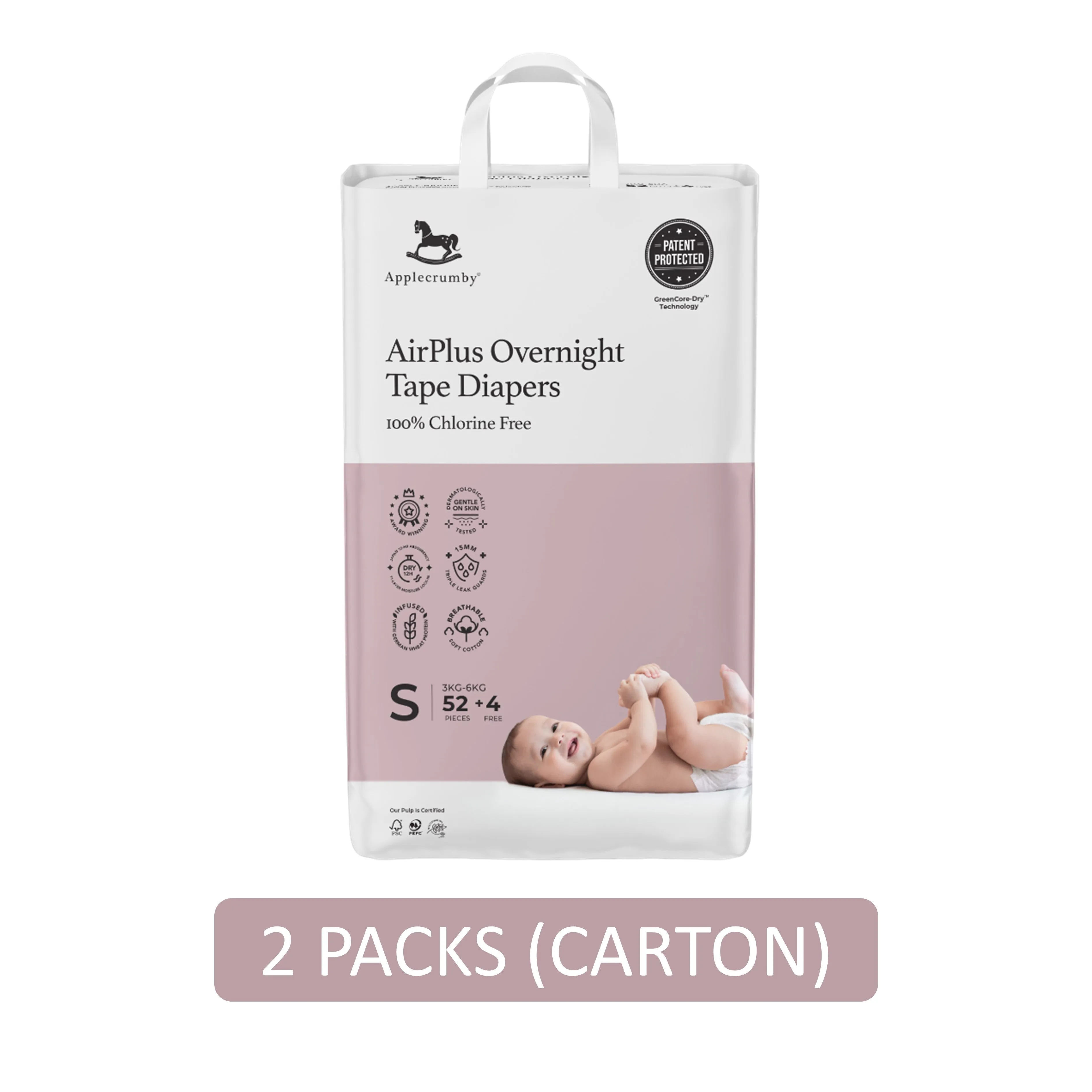 Applecrumby AirPlus Overnight Baby Tape Diaper Size S 52's 4's (For 3-6kg) [2 Packs/Carton]