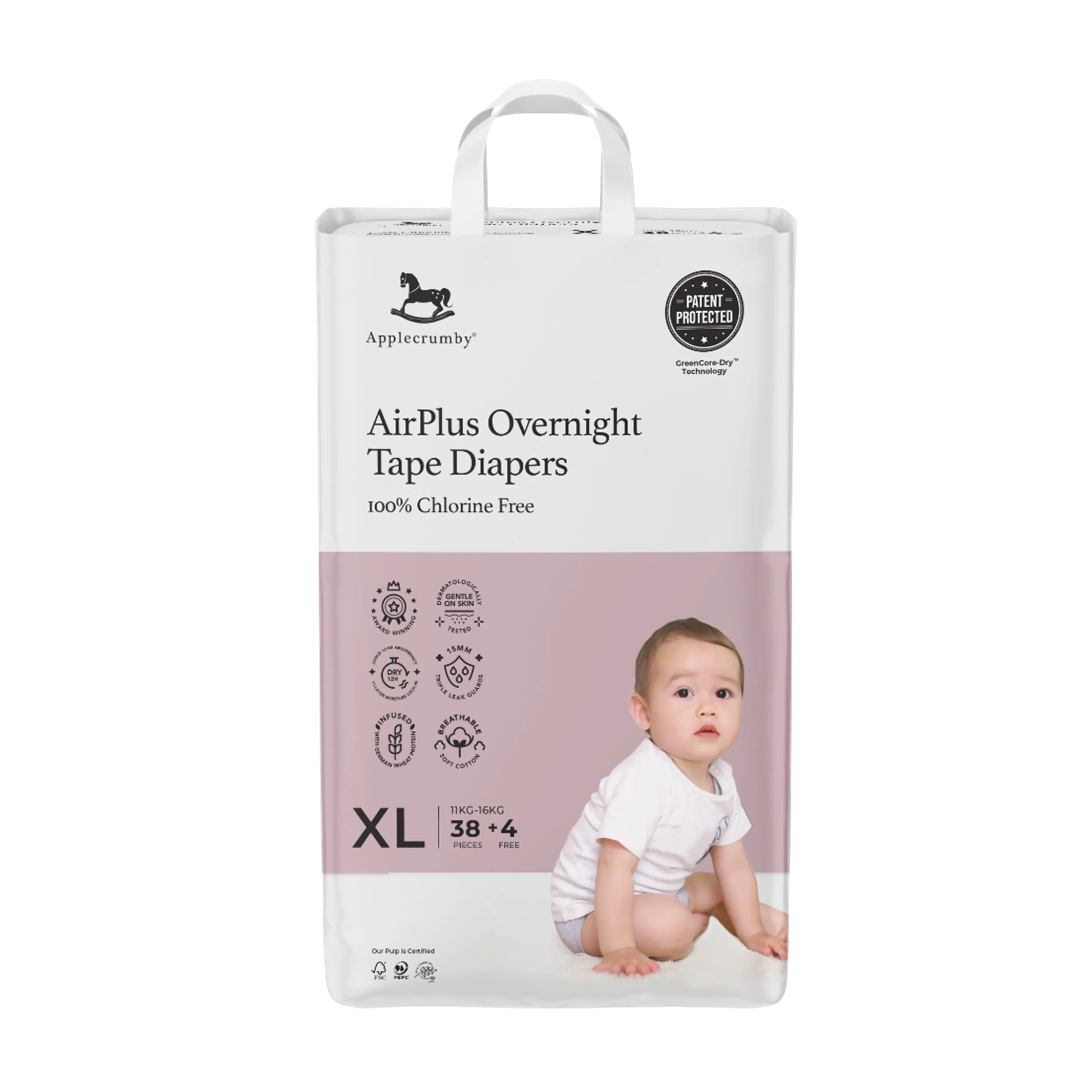 Applecrumby AirPlus Overnight Baby Tape Diaper Size XL 38's 4's (For 11-16kg)