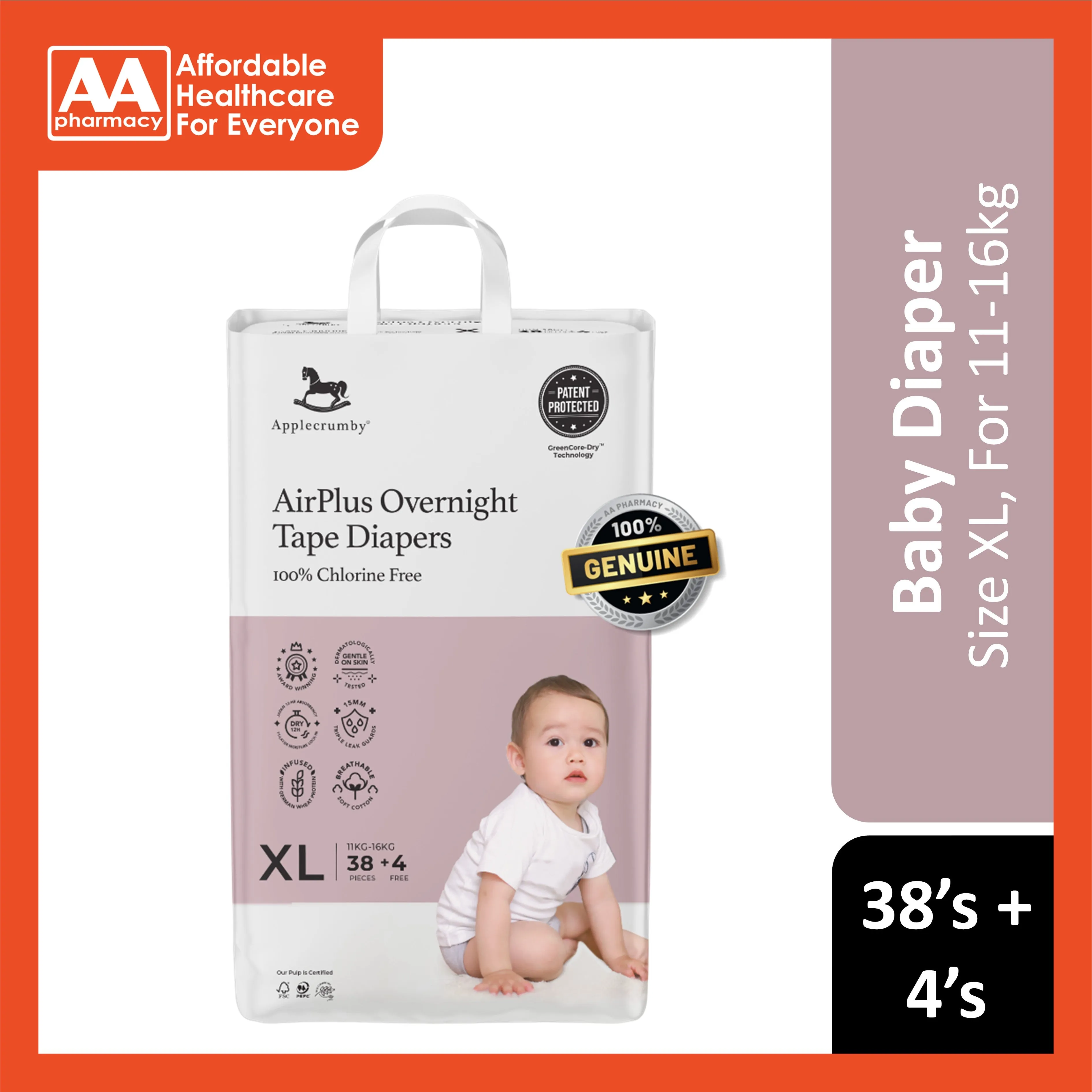 Applecrumby AirPlus Overnight Baby Tape Diaper Size XL 38's 4's (For 11-16kg)