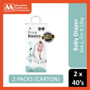Applecrumby PureBasics Baby Tape Diaper Size L 38's 2's (For 9-13kg) [2 Packs/Carton]