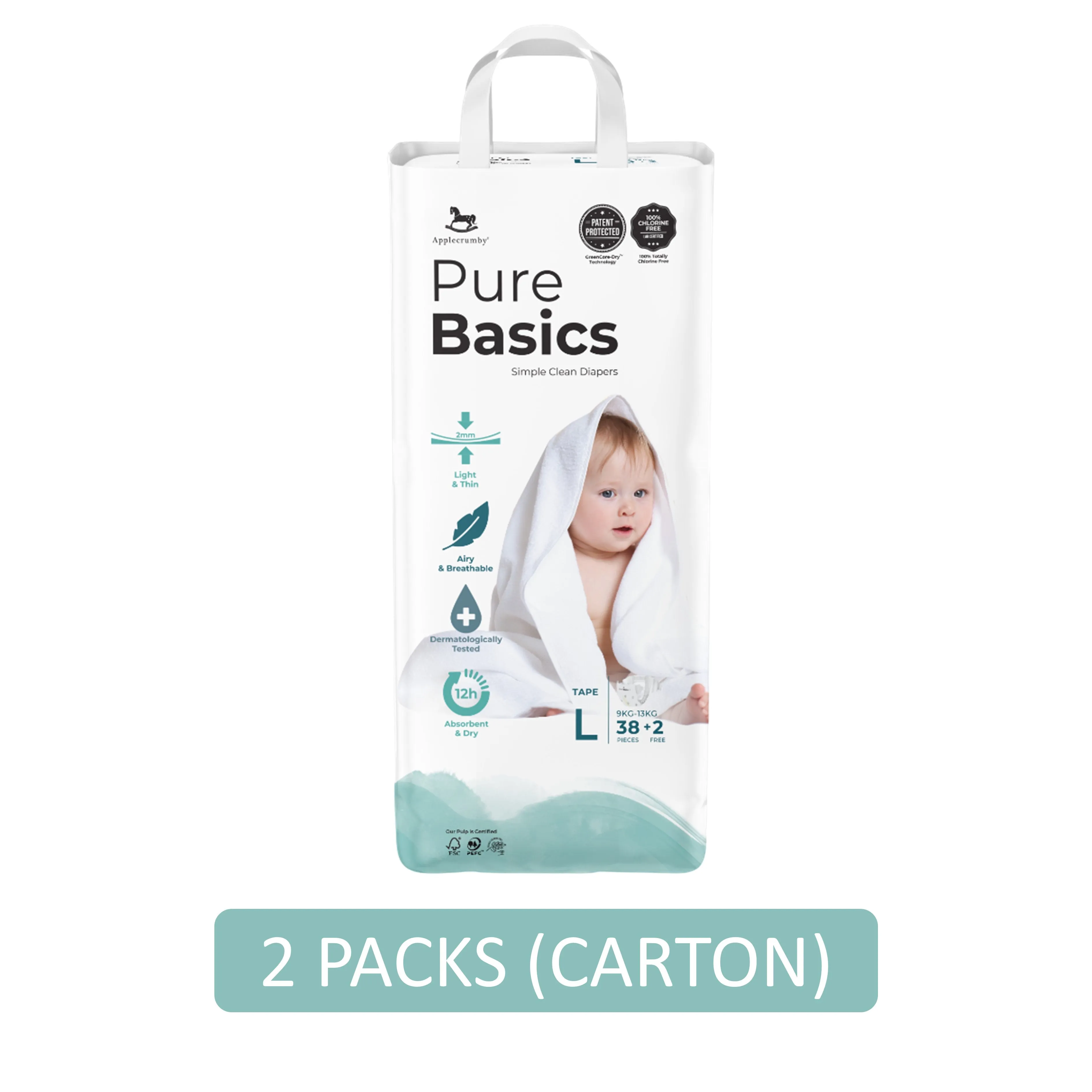 Applecrumby PureBasics Baby Tape Diaper Size L 38's 2's (For 9-13kg) [2 Packs/Carton]