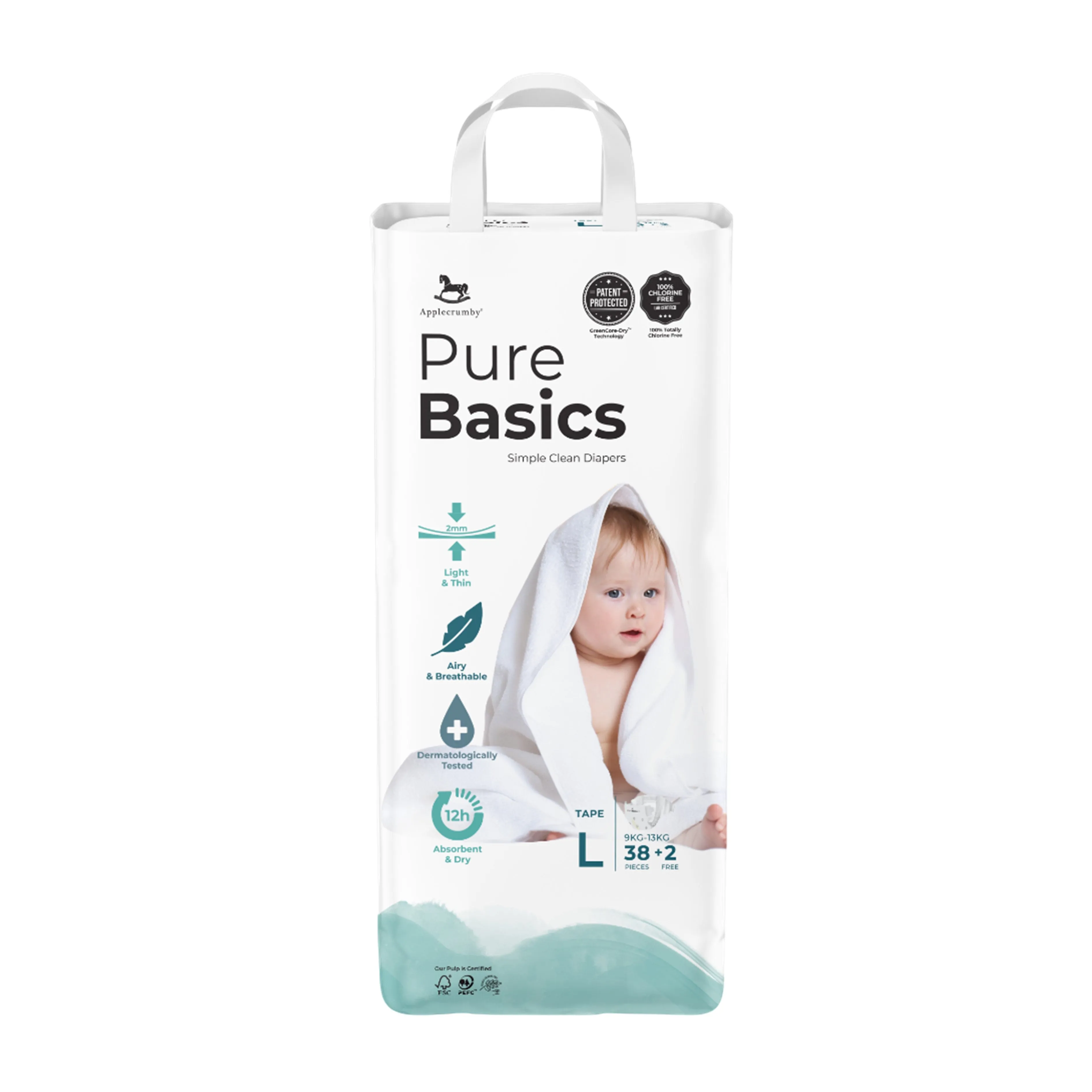 Applecrumby PureBasics Baby Tape Diaper Size L 38's 2's (For 9-13kg)
