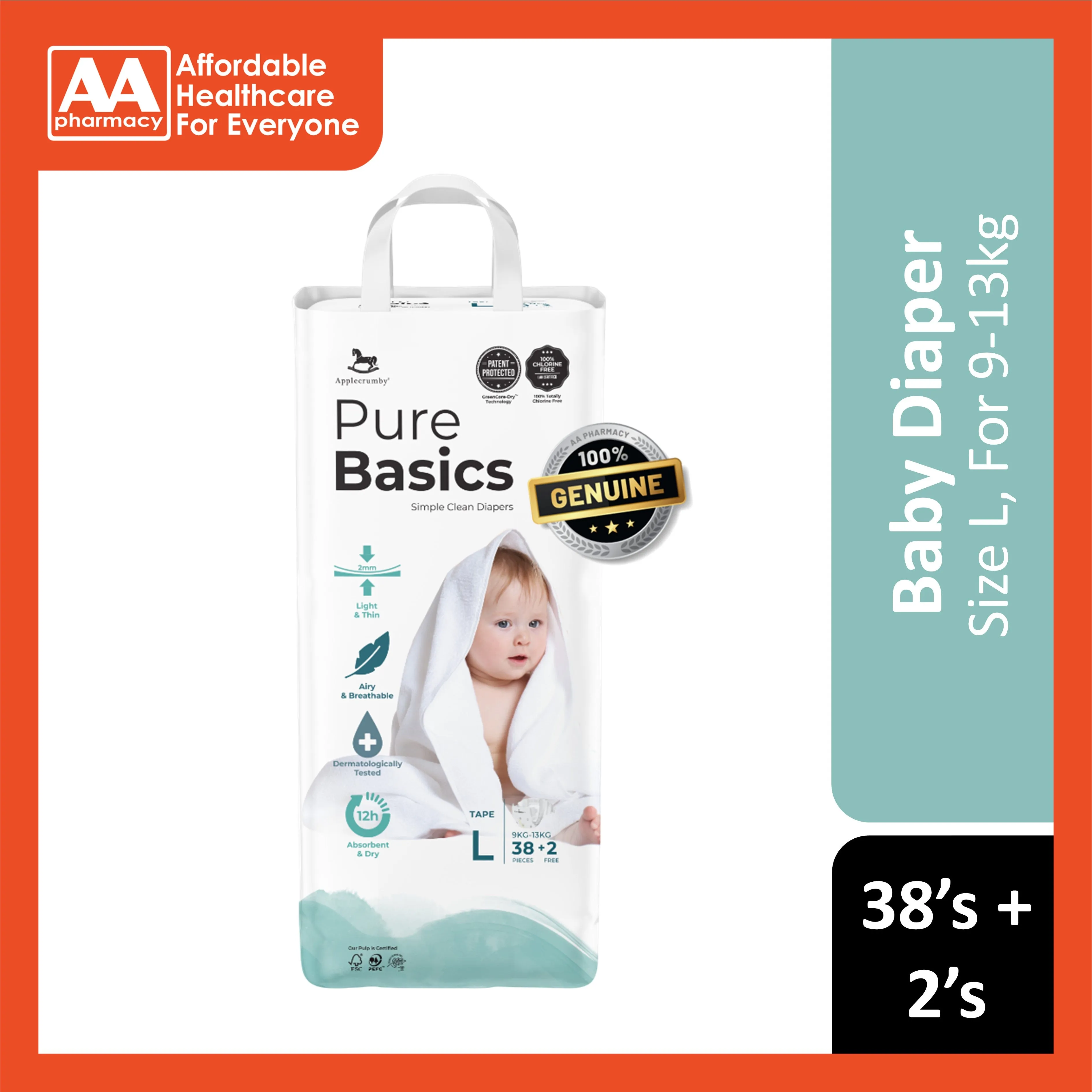 Applecrumby PureBasics Baby Tape Diaper Size L 38's 2's (For 9-13kg)