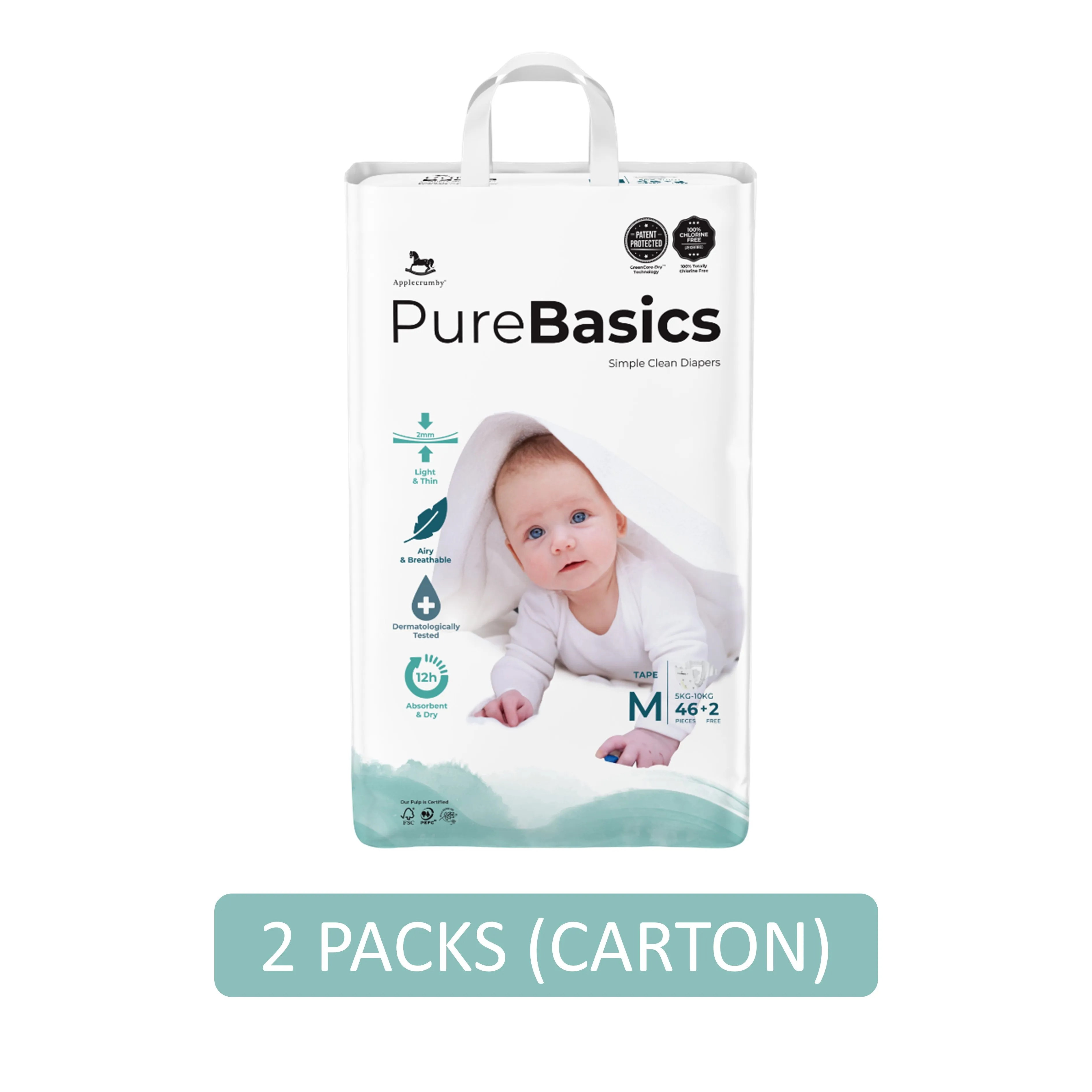 Applecrumby PureBasics Baby Tape Diaper Size M 46's 2's (For 5-10kg) [2 Packs/Carton]