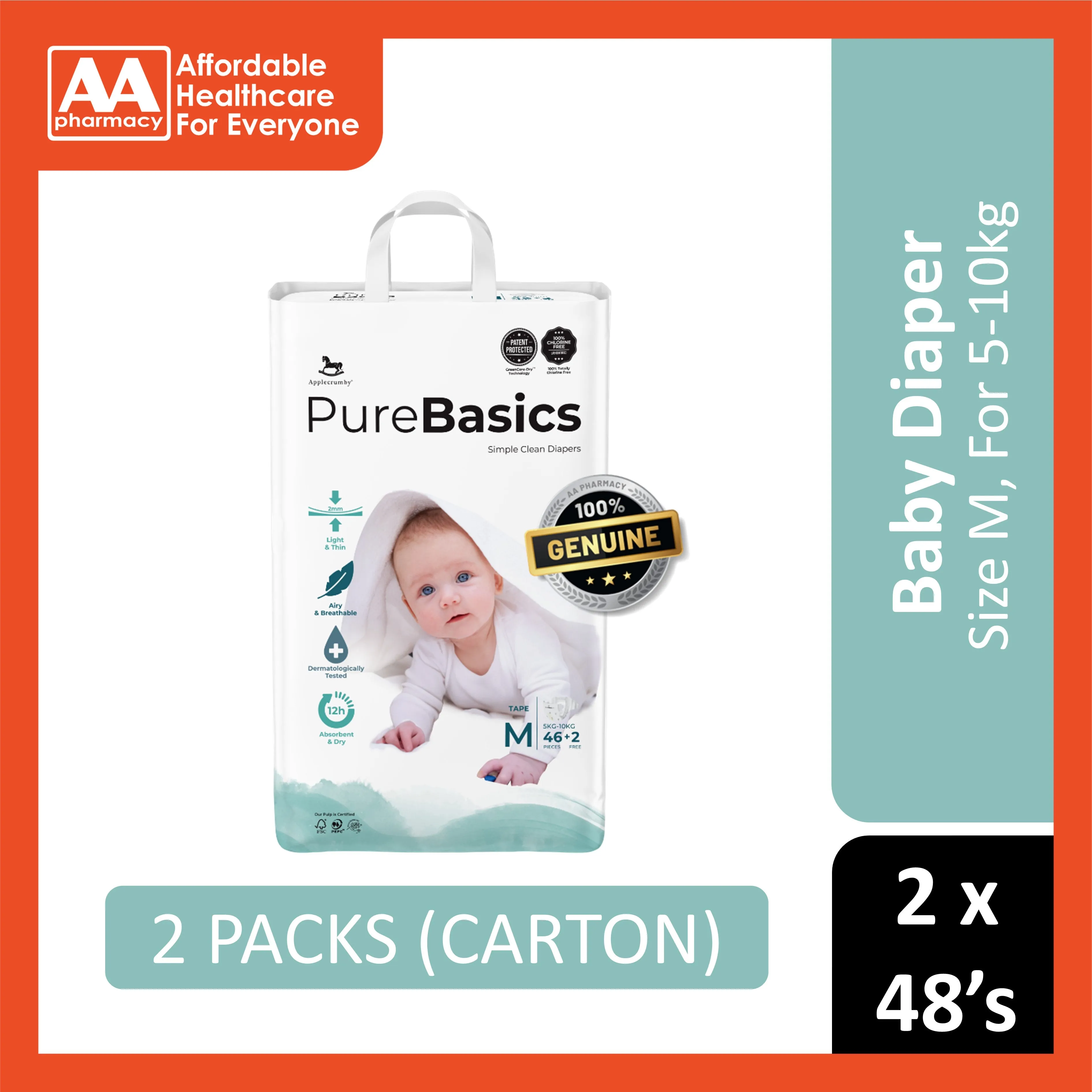 Applecrumby PureBasics Baby Tape Diaper Size M 46's 2's (For 5-10kg) [2 Packs/Carton]