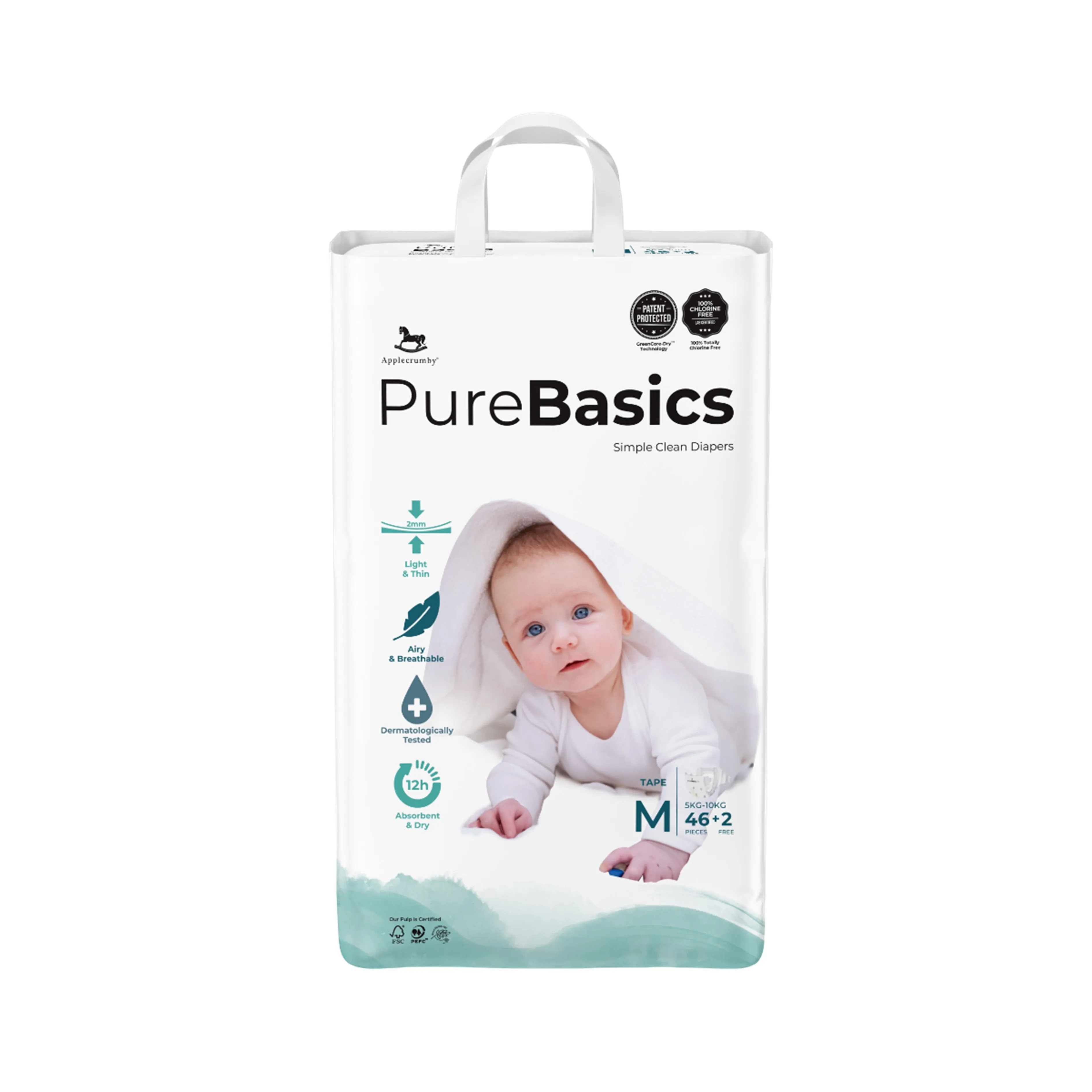 Applecrumby PureBasics Baby Tape Diaper Size M 46's 2's (For 5-10kg)