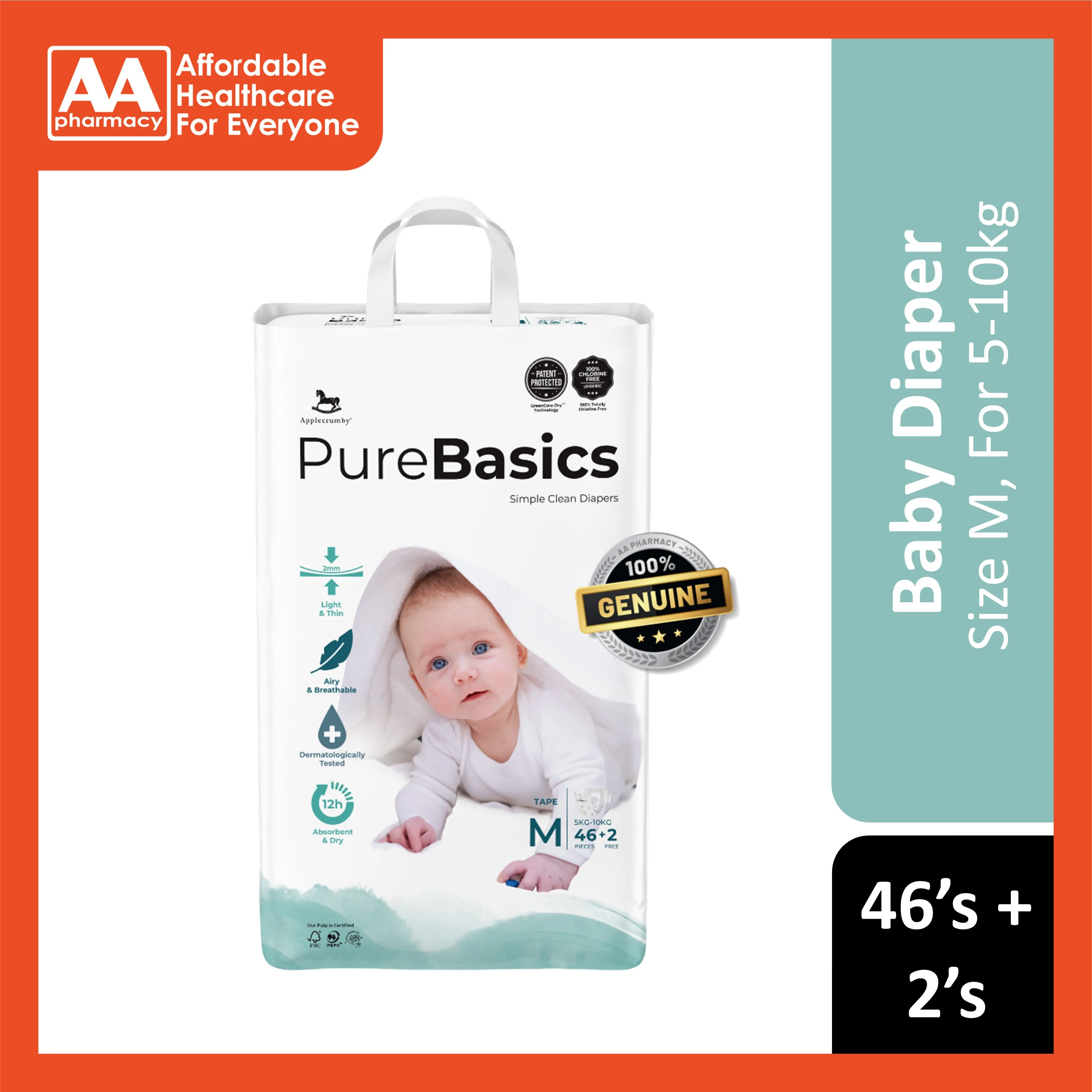 Applecrumby PureBasics Baby Tape Diaper Size M 46's 2's (For 5-10kg)