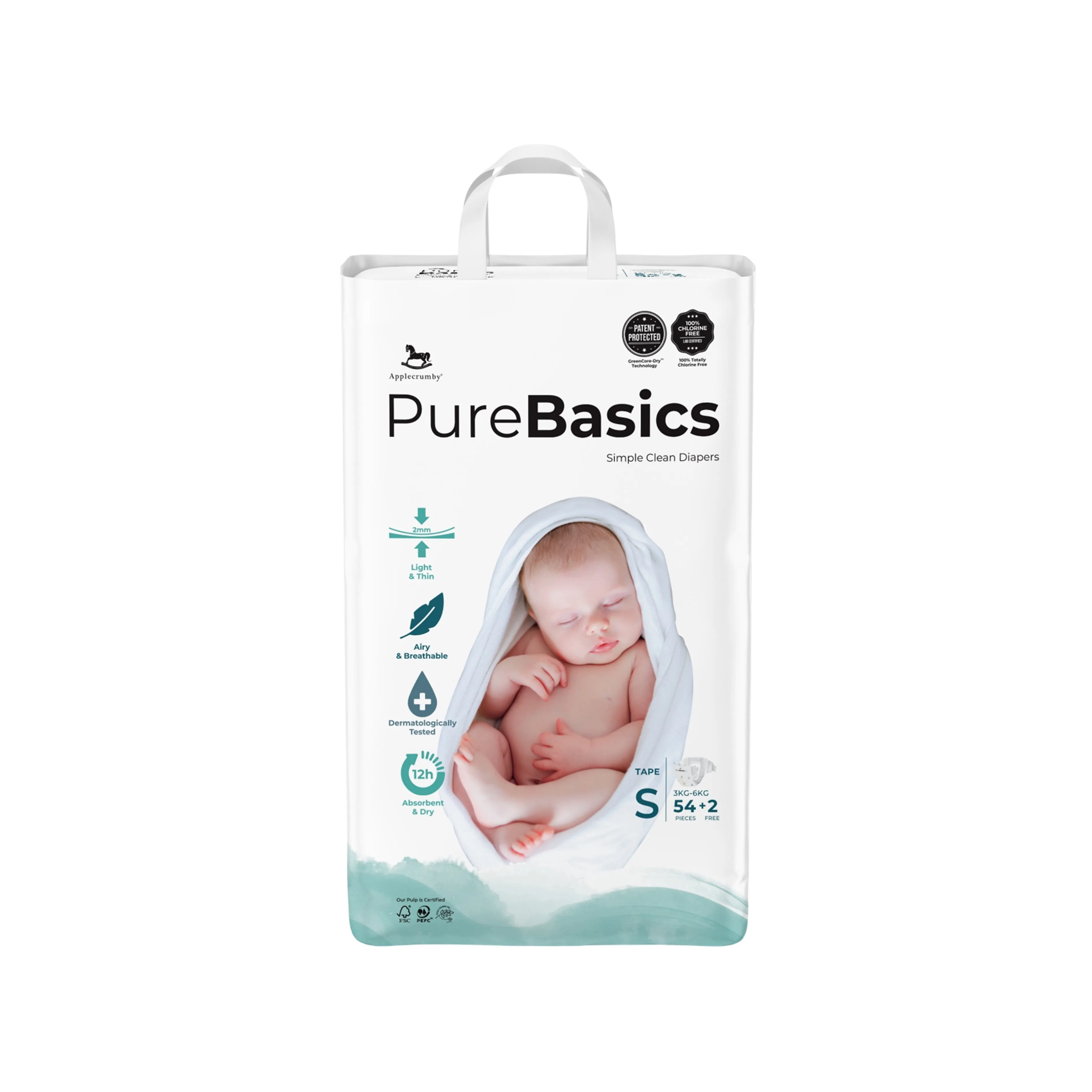 Applecrumby PureBasics Baby Tape Diaper Size S 54's 2's (For 3-6kg)