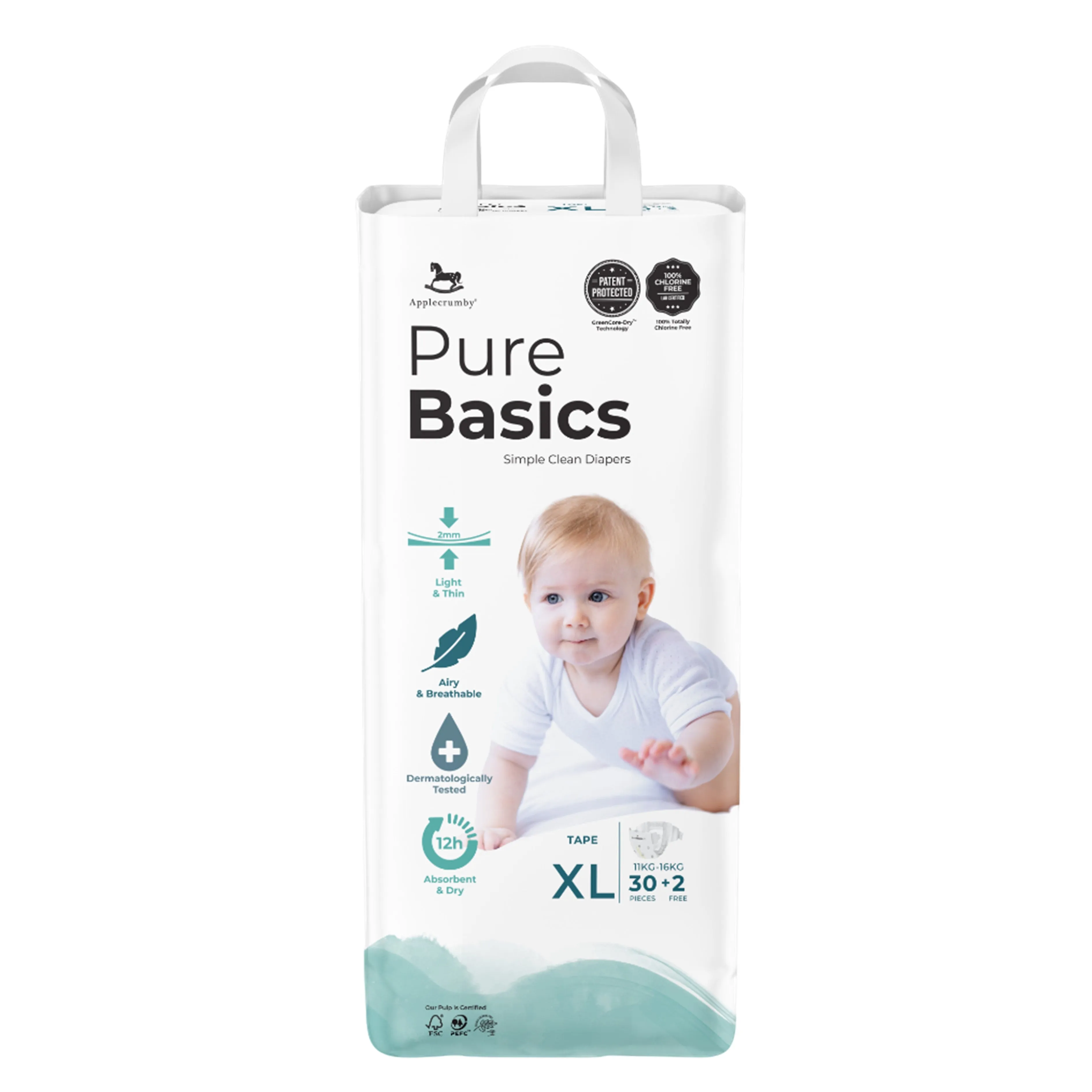 Applecrumby PureBasics Baby Tape Diaper Size XL 30's 2's (For 11-16kg)