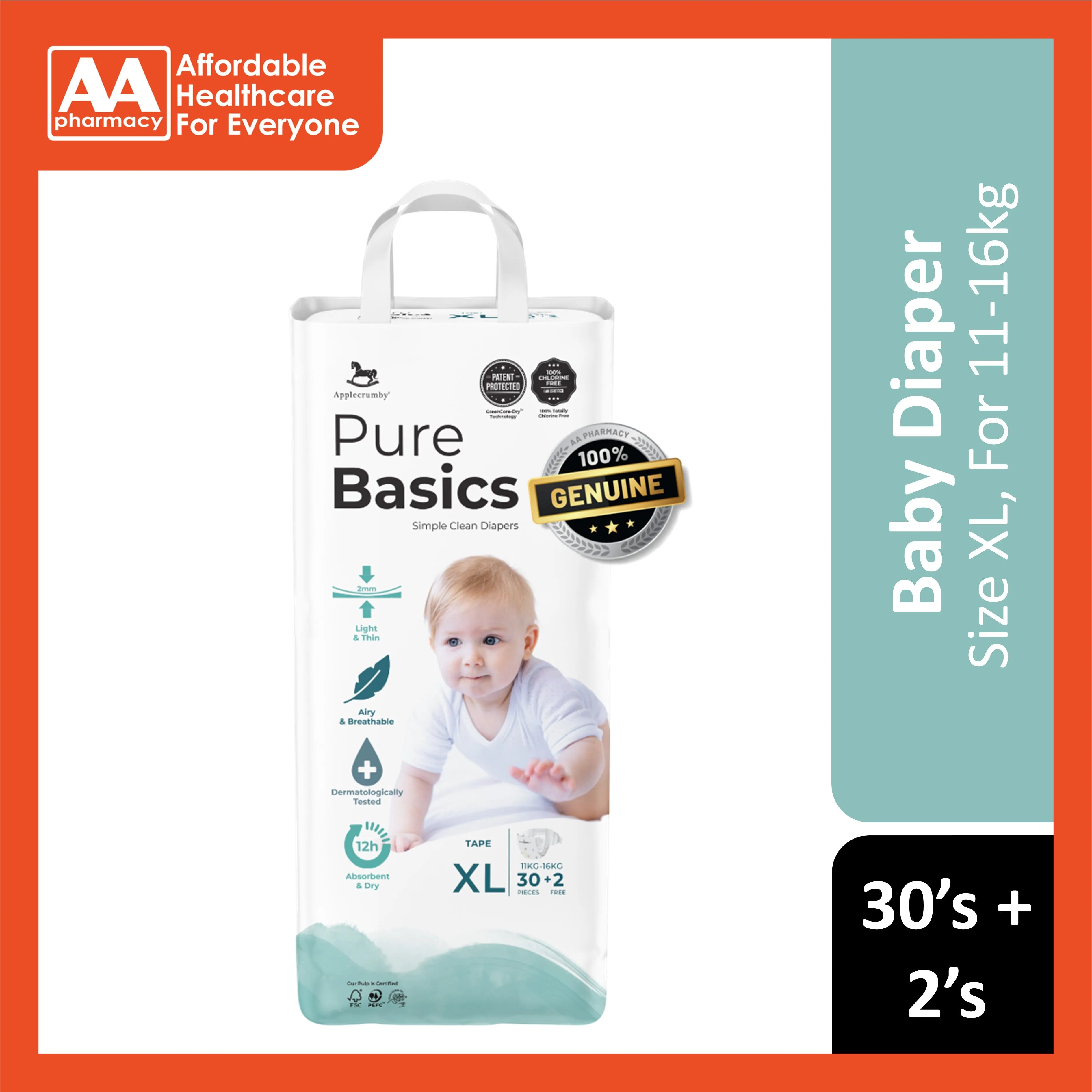 Applecrumby PureBasics Baby Tape Diaper Size XL 30's 2's (For 11-16kg)
