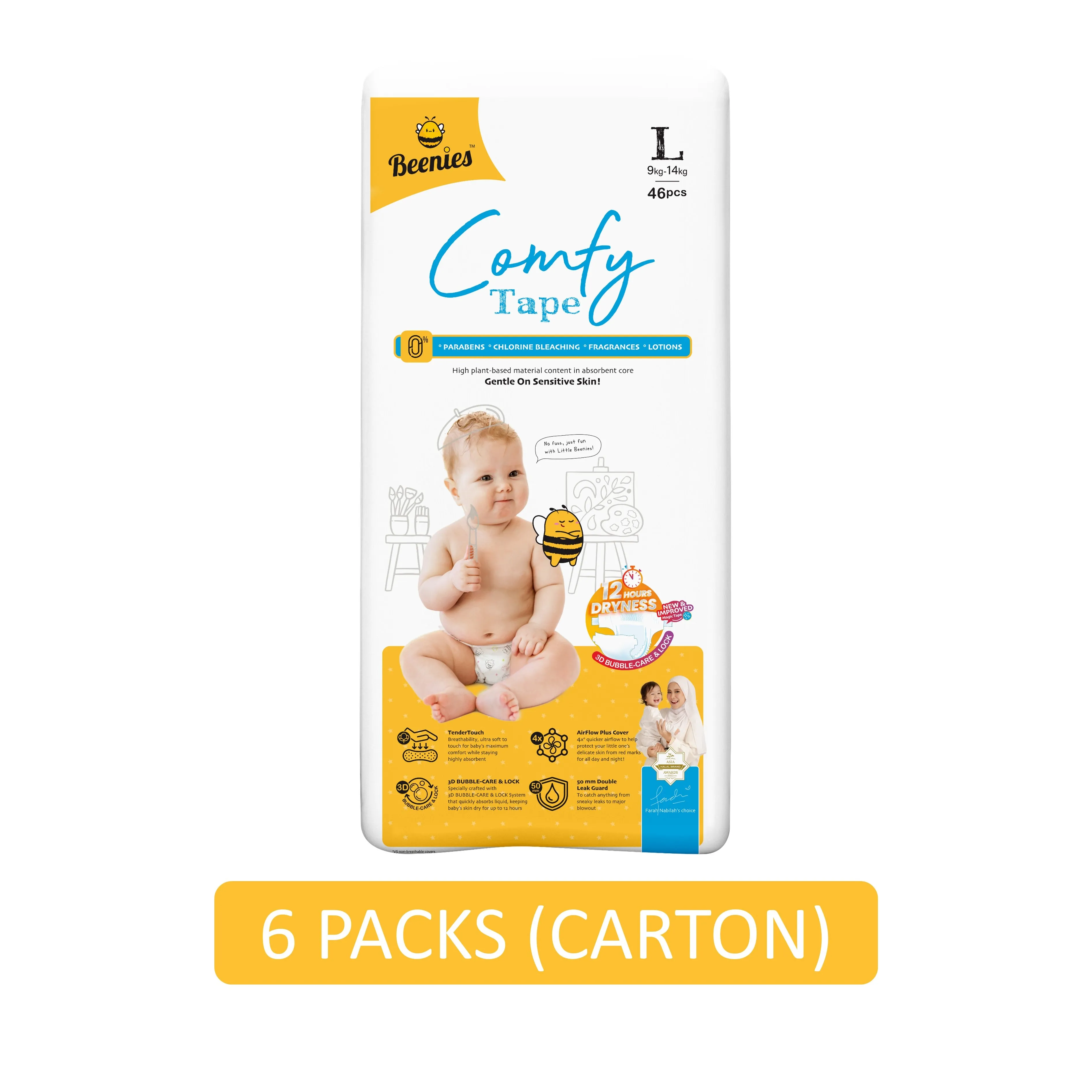 Beenies Baby Comfy Tape Diapers Size L 46's (9-14kg) [Jumbo Pack] [6 Packs/Carton]
