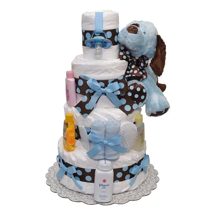 Blue and Brown Polka Dots Puppy Diaper Cake 4 Tiers
