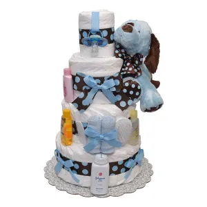 Blue and Brown Polka Dots Puppy Diaper Cake 4 Tiers