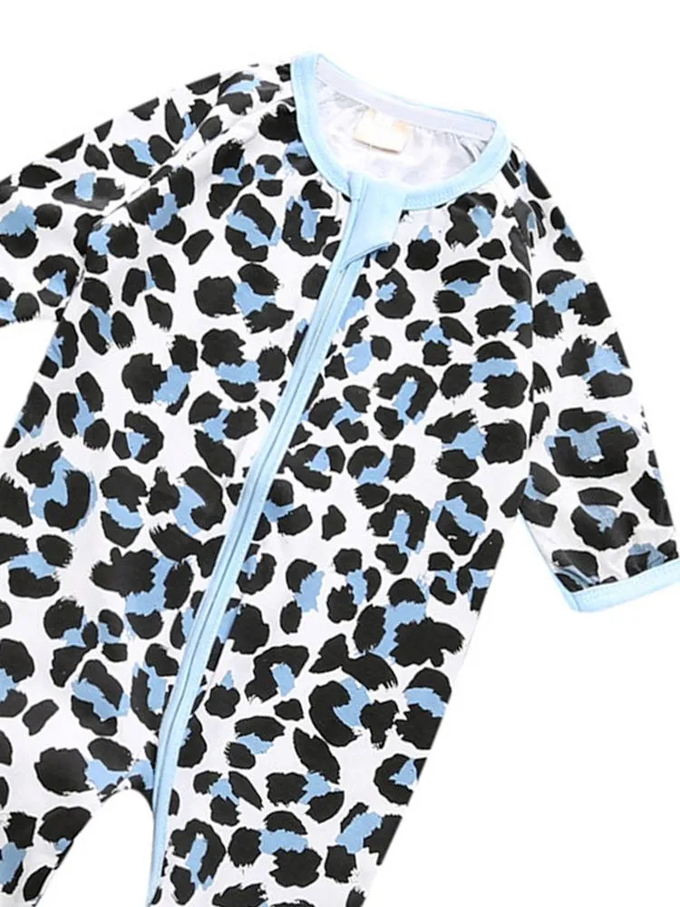 Blue Leopard - Baby Zip Sleepsuit with Turnover Hand & Feet Cuffs