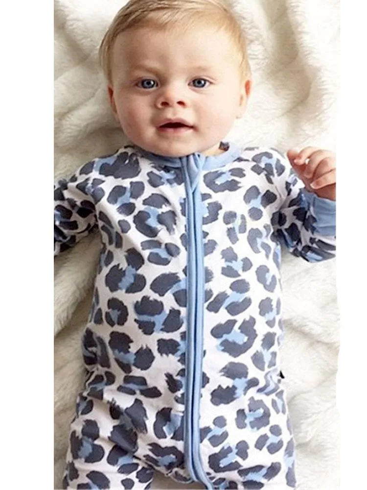 Blue Leopard - Baby Zip Sleepsuit with Turnover Hand & Feet Cuffs