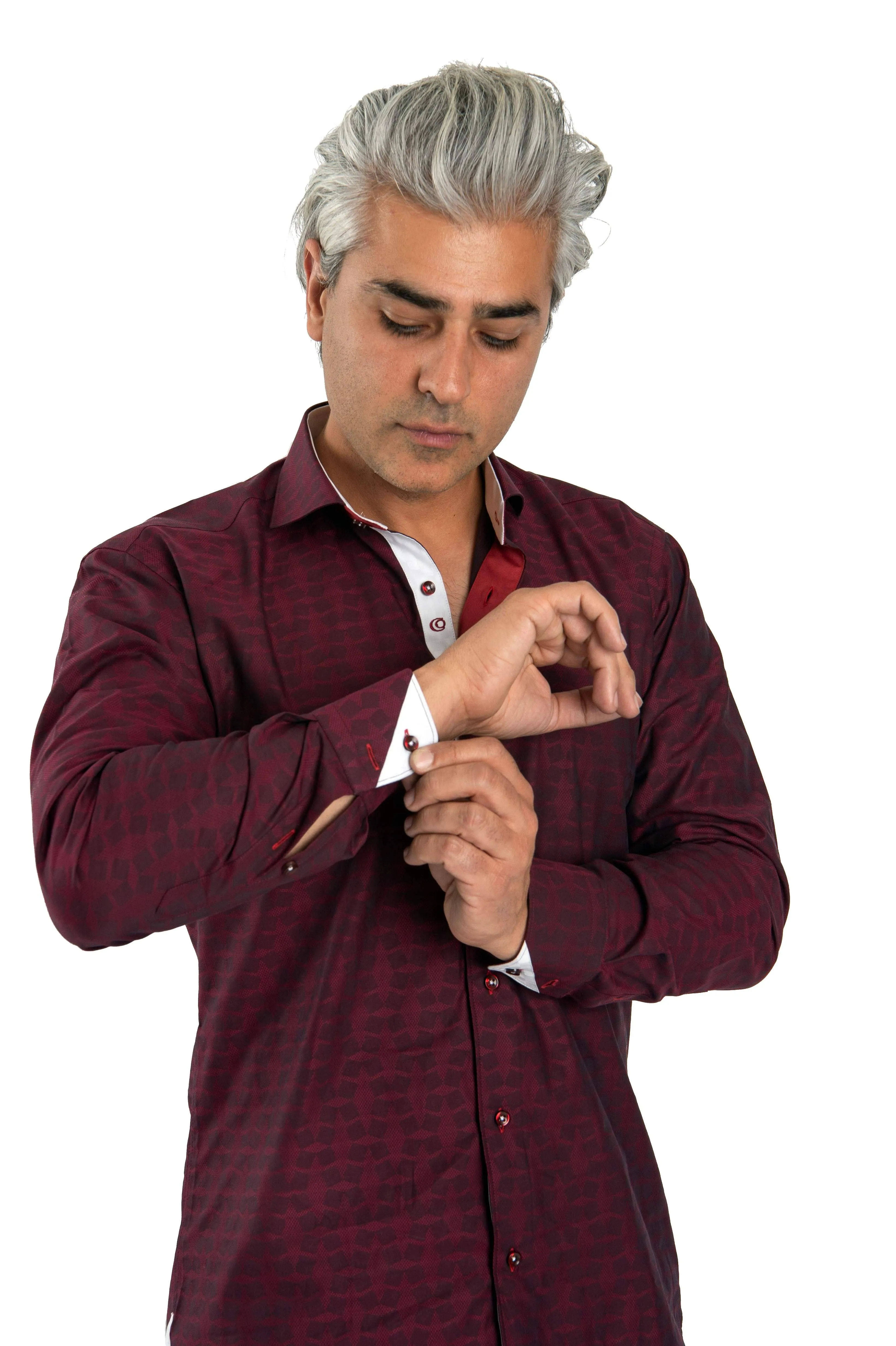 Burgundy Patterned Shirt With White Trim