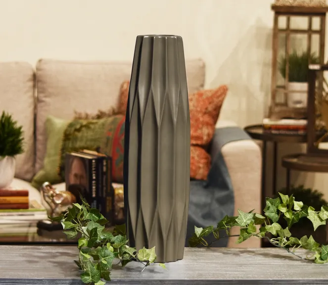Ceramic Patterned Round Vase Embossed Diamond Dark Taupe