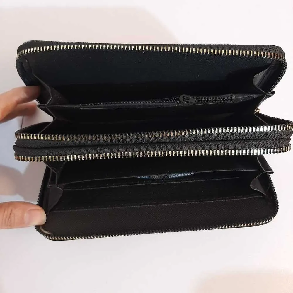 Check Design Double Zip Wallet - Black/Blue - W14