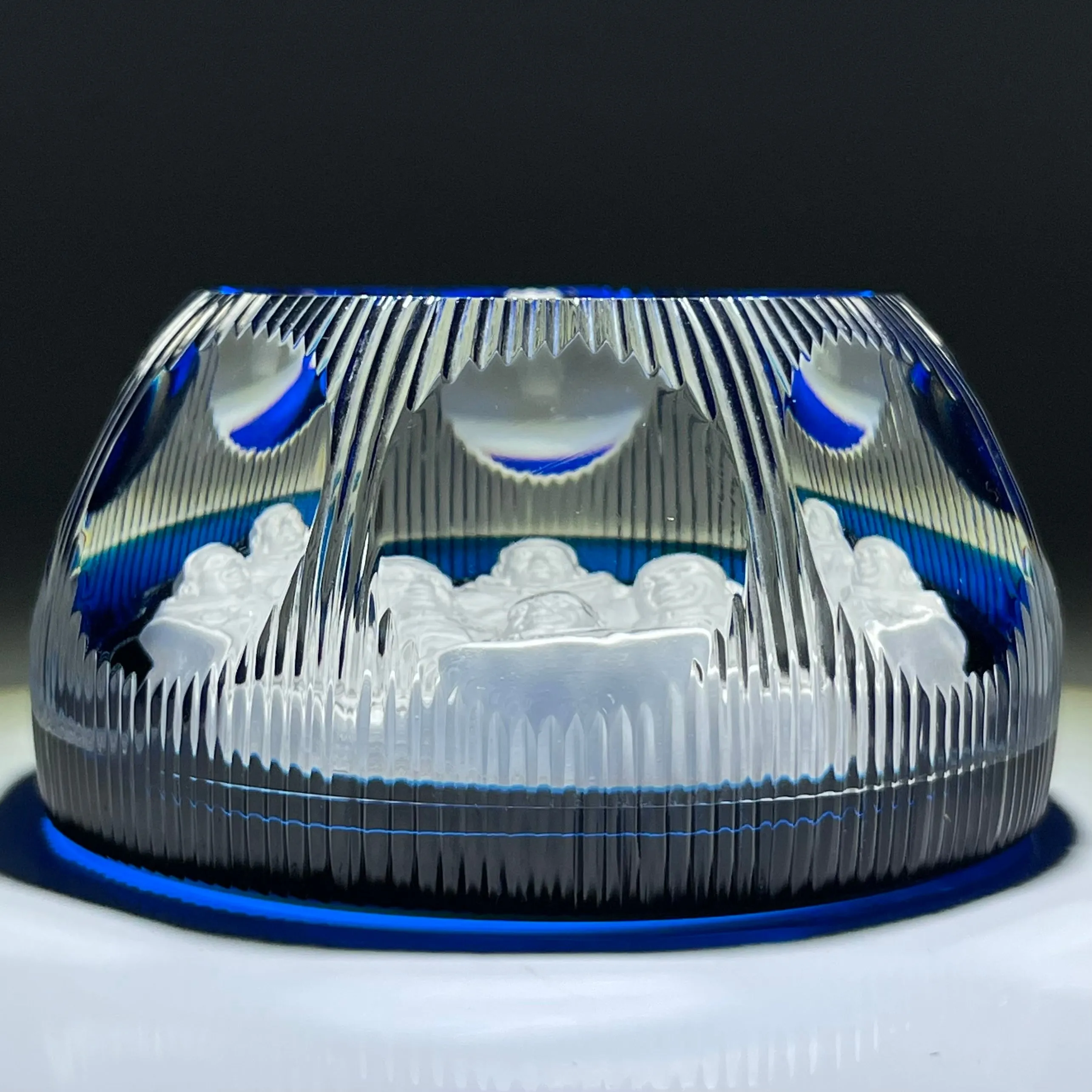 Cristal d’Albret Nasa Moon Men Astronauts Sulphide on Blue Fancy Cut Glass Paperweight