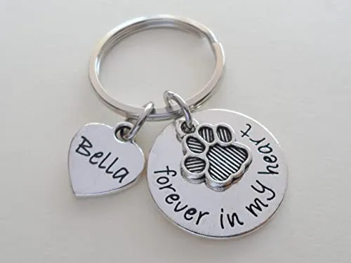 Custom Forever in My Heart Disc & Paw Charm Keychain, Pet Loss Gift, With Custom Engraved Heart Tag, Dog Memorial Keychain