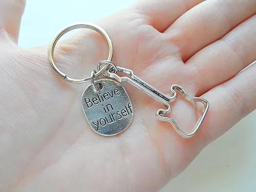 Custom Guitar Charm Keychain with Believe In Yourself Charm & Initial Charm, Graduate Keychain, Guitar Player Keychain