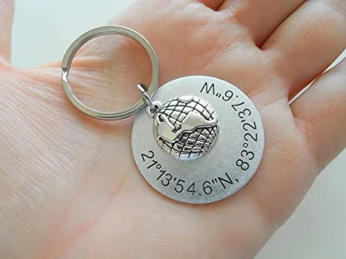 Custom World Globe Keychain with Engraved Aluminum Disc for Coordinates or Text, Couples or Best Friends Anniversary Keychain