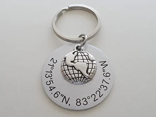 Custom World Globe Keychain with Engraved Aluminum Disc for Coordinates or Text, Couples or Best Friends Anniversary Keychain