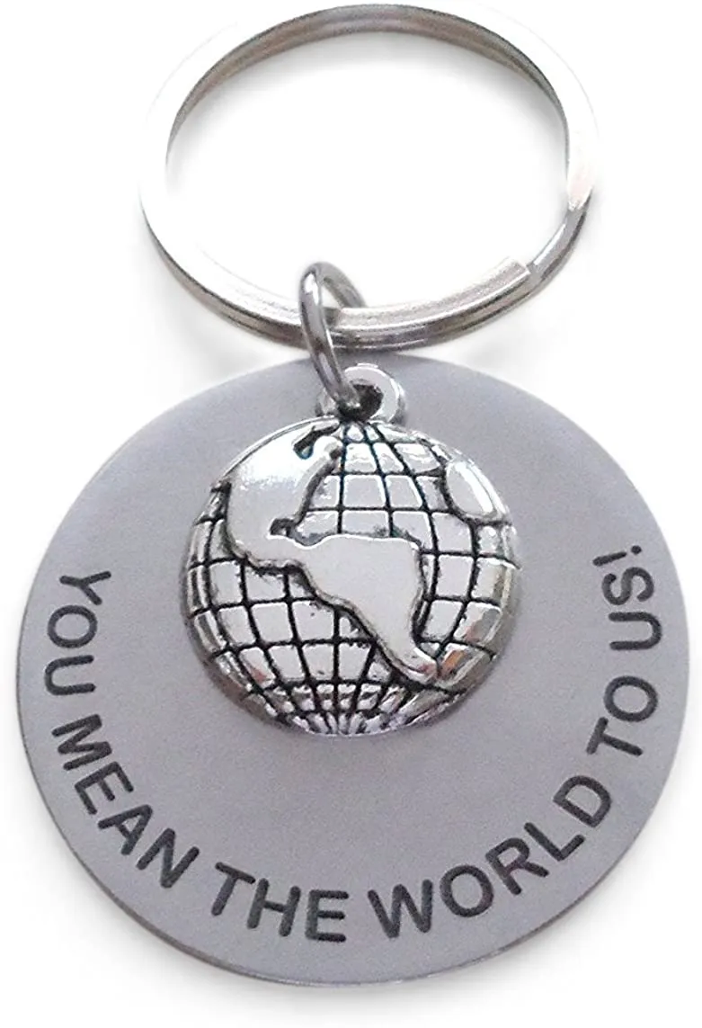 Custom World Globe Keychain with Engraved Aluminum Disc for Coordinates or Text, Couples or Best Friends Anniversary Keychain