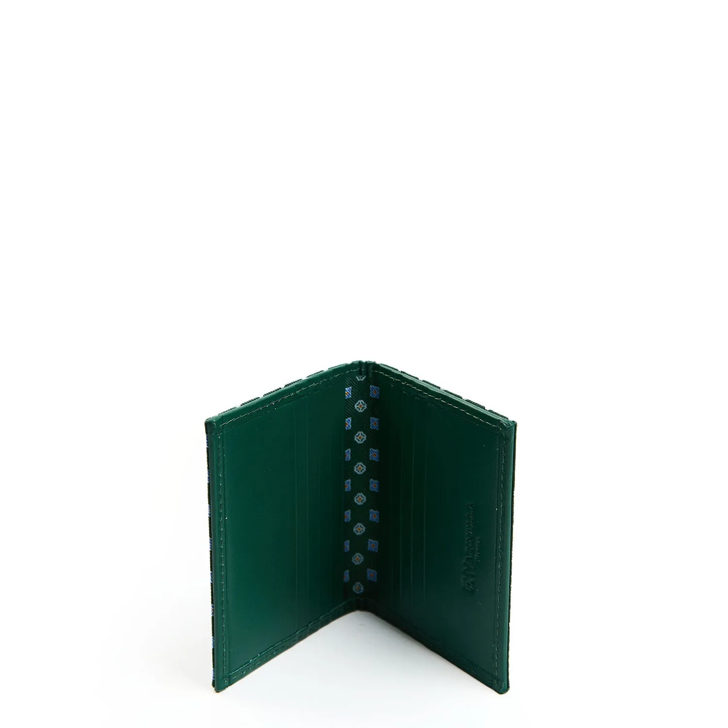 DARK GREEN SILK AND LEATHER FOLDING CARD HOLDER