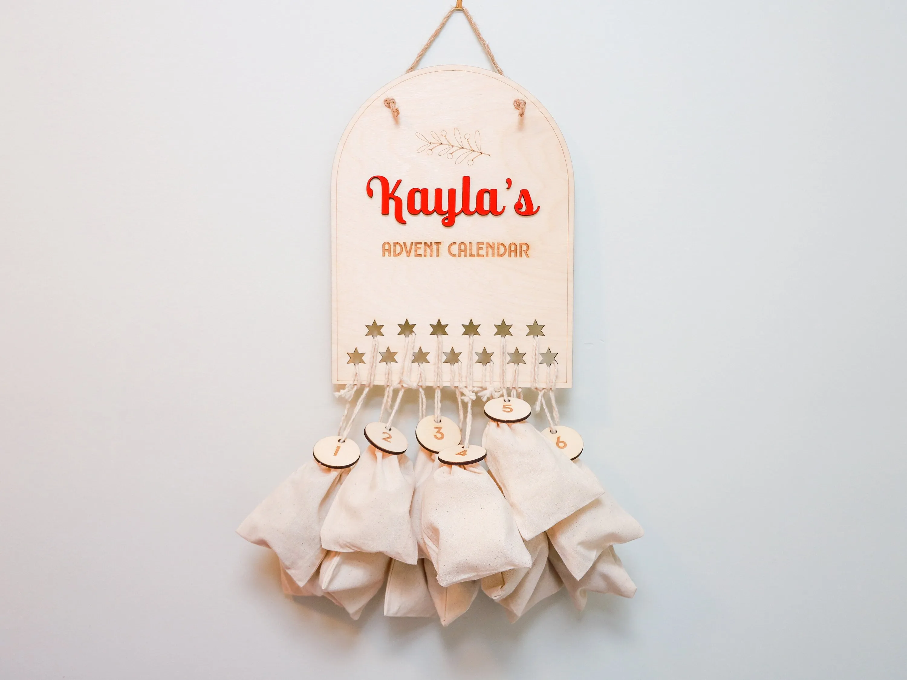 DIY Wood Advent Calendar with Personalized Name - Custom Christmas Countdown Calendar with 12 Cotton Twill Pouches