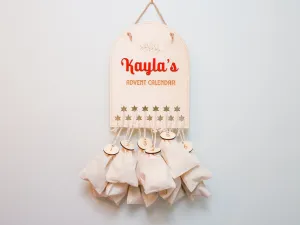 DIY Wood Advent Calendar with Personalized Name - Custom Christmas Countdown Calendar with 12 Cotton Twill Pouches