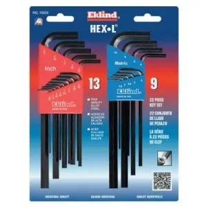 Eklind?? Tool Hex-L?? Key Set, 22 per card, Hex Tip, Inch/Metric, Long Arm, 10222