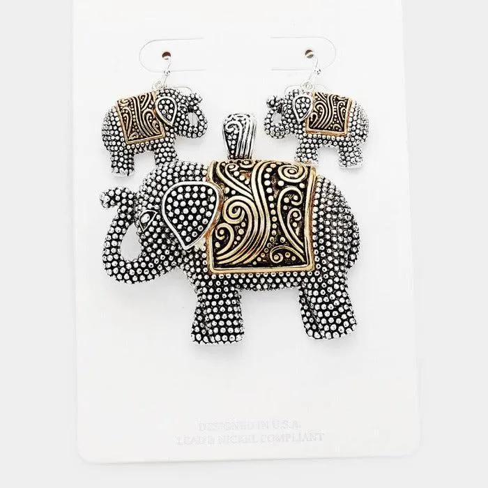 Elephant Embossed Metal Pendant Set
